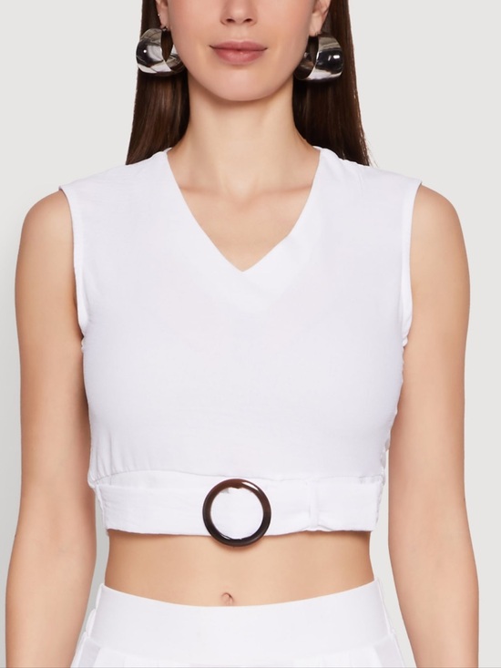 Love Tops - Love White V-Neck Sleeveless Crop Top with Belt size Large New